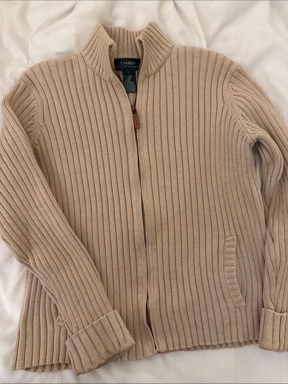 Vintage Lauren Ralph Lauren Full-Zip Ribbed Knit Sweater - Beige - Picture 1 of 5